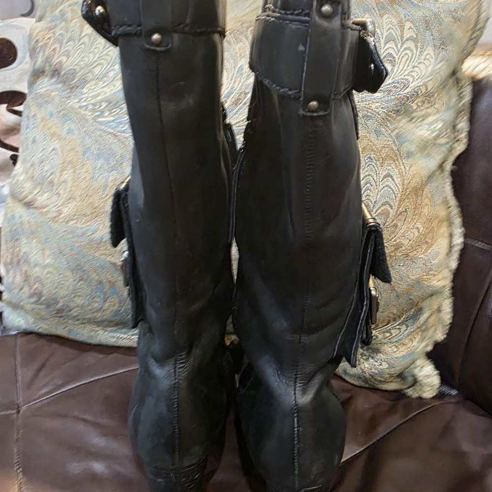 Report Black Leather Mid-Calf Heeled Riding Boots with Buckle Pocket - Picture 3 of 8